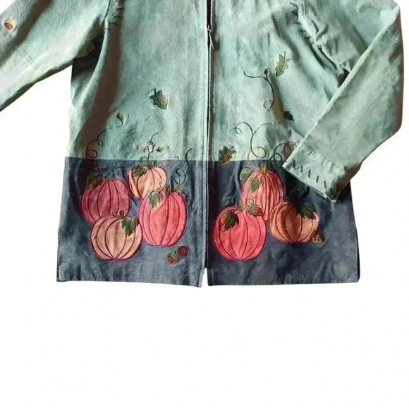 Suede Fall Autumn Leaves Pumpkin Embroidered Full Zip Leather Jacket - Picture 4 of 9